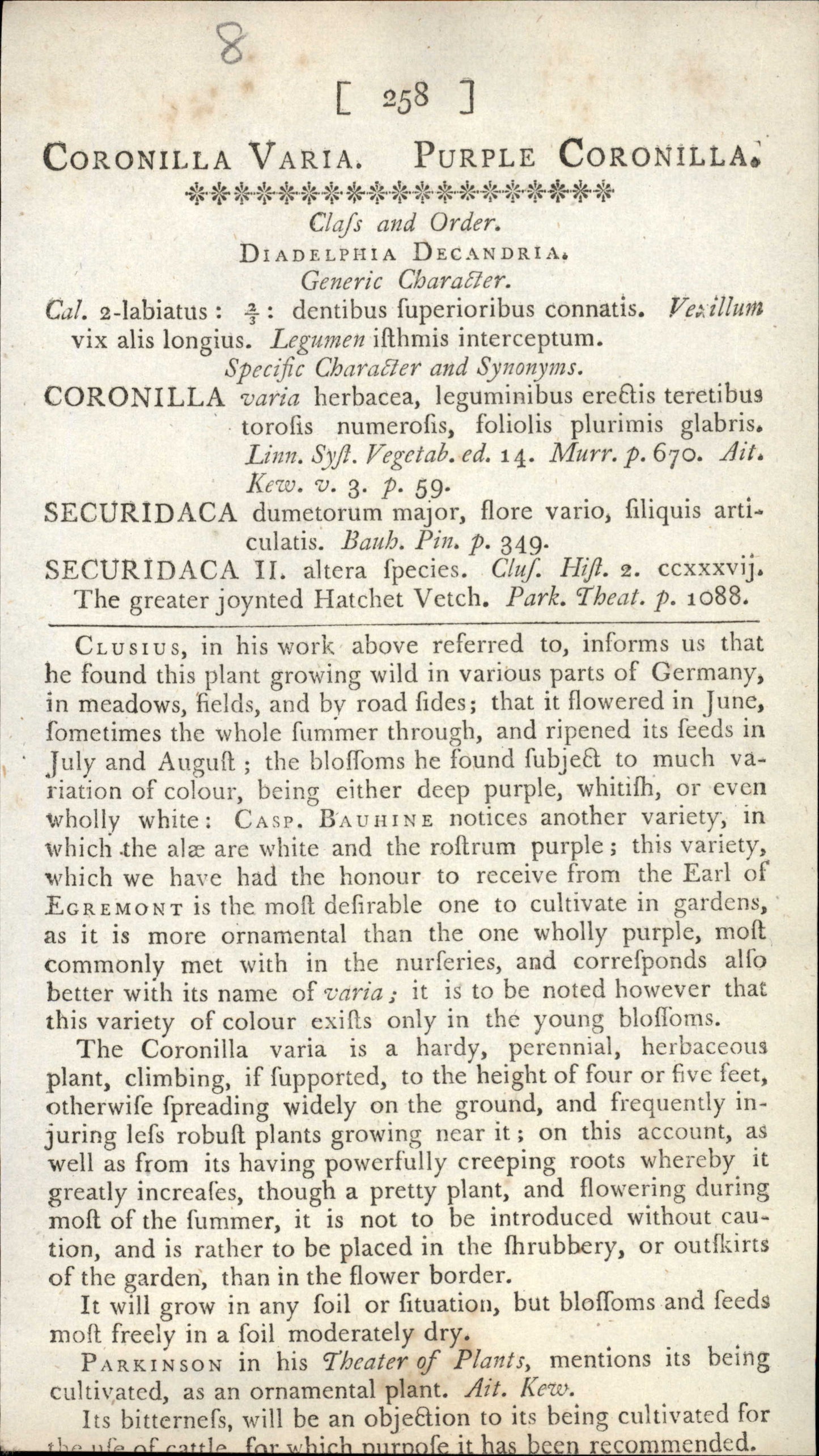 Curtis Botanical – Plate 258 – Coronilla Varia Purple Coronilla