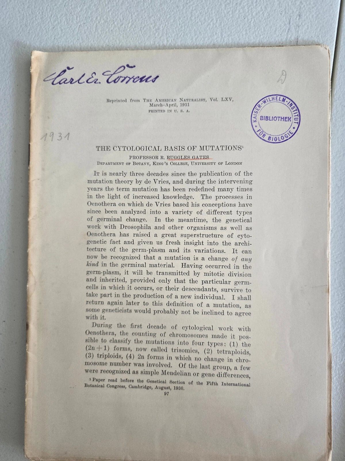 The Cytological Basis of Mutations (1931) by R. Ruggles Gates
