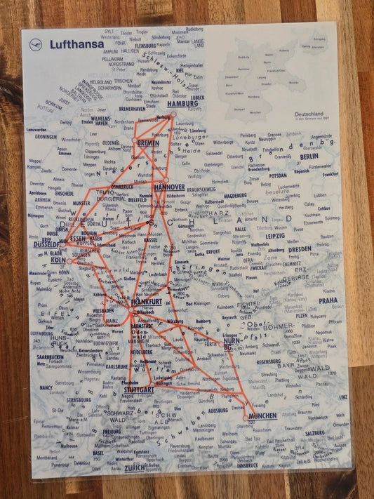 Lufthansa Route Map Laminated Staff Copy 1960s Jet Age Cold War Germany Europe