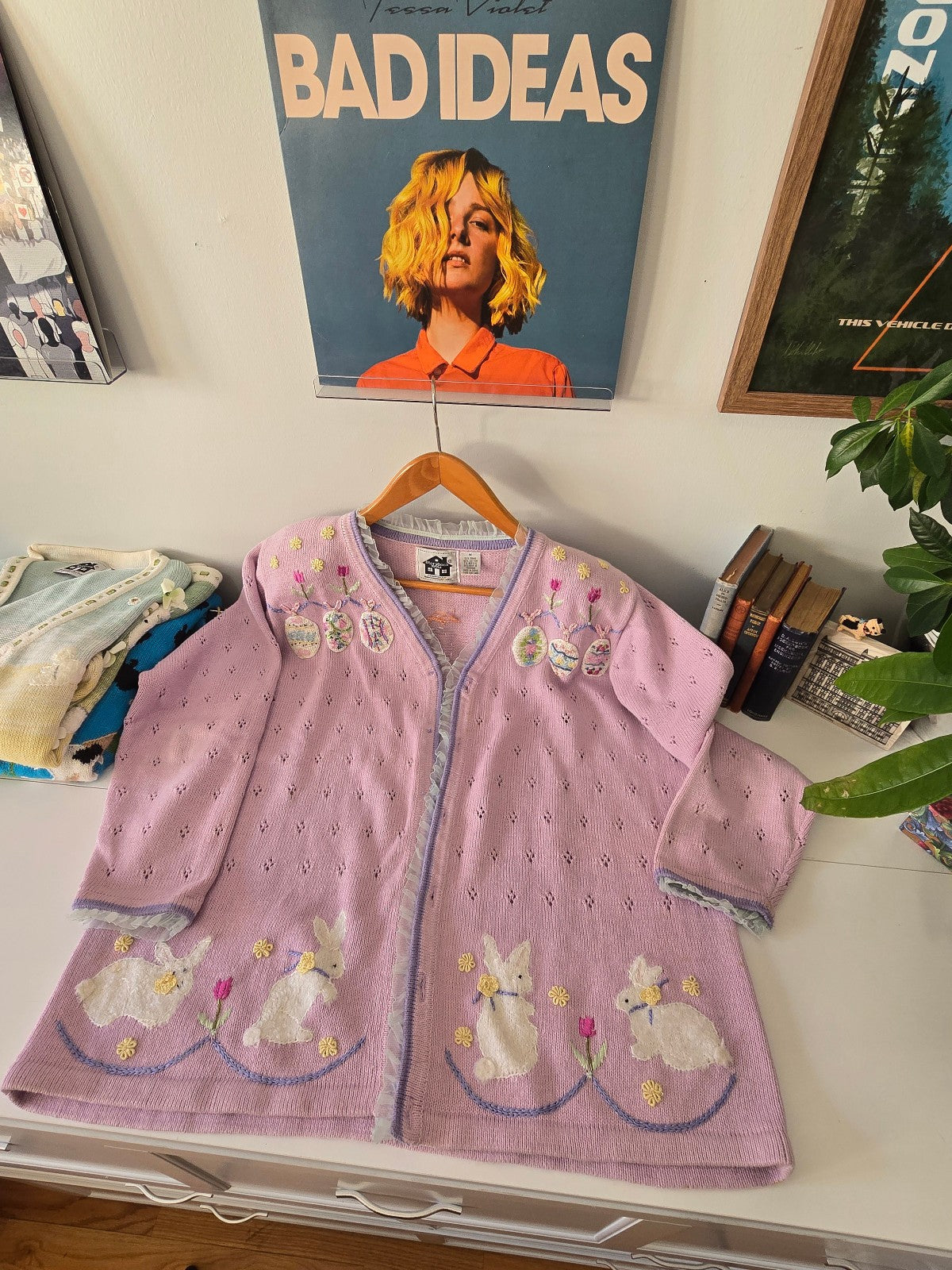 VTG Storybook Knits Cardigan Sweater 1X Lavender Bunny Leaps Floral Easter Egg