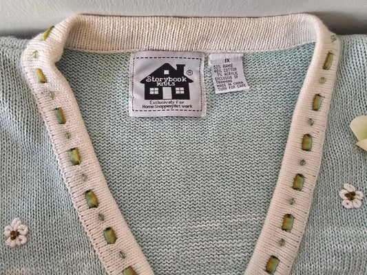 VTG STORYBOOK KNITS Cardigan 1X Bunnies Paradise Spring Floral Sweater