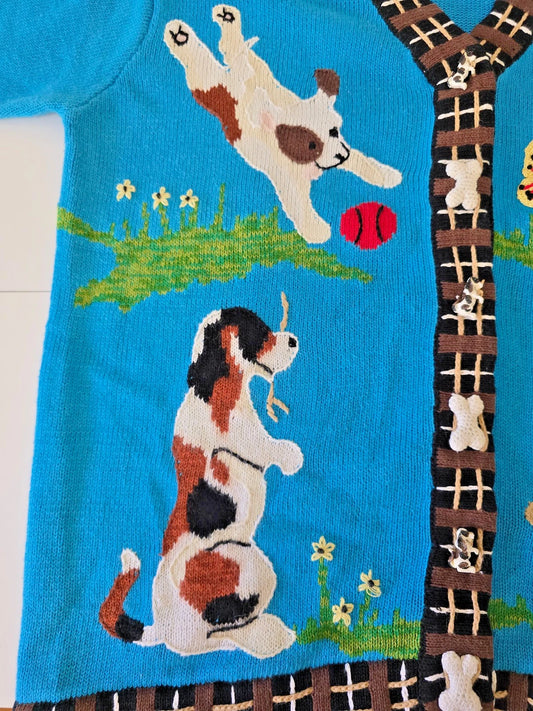 VTG STORYBOOK KNITS Cardigan Sweater 1X Blue Doggy Daycare Wonderland