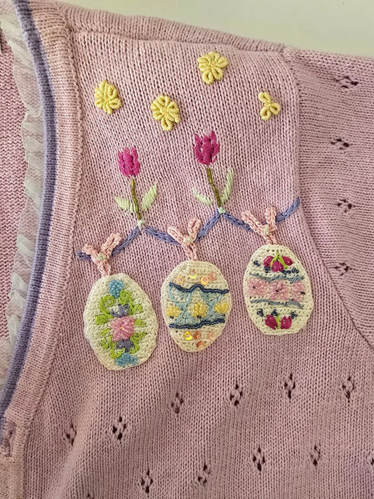 VTG Storybook Knits Cardigan Sweater 1X Lavender Bunny Leaps Floral Easter Egg