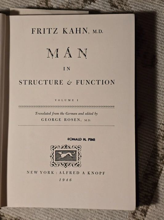 Man in Structure & Function Vol I by Fritz Kahn (1946, 1st US)