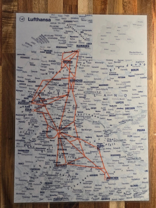 Lufthansa Route Map Laminated Staff Copy 1960s Jet Age Cold War Germany Europe