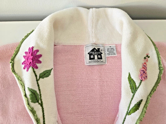 VTG Storybook Knits Cardigan Sweater 1X Pink Spring Garden Floral