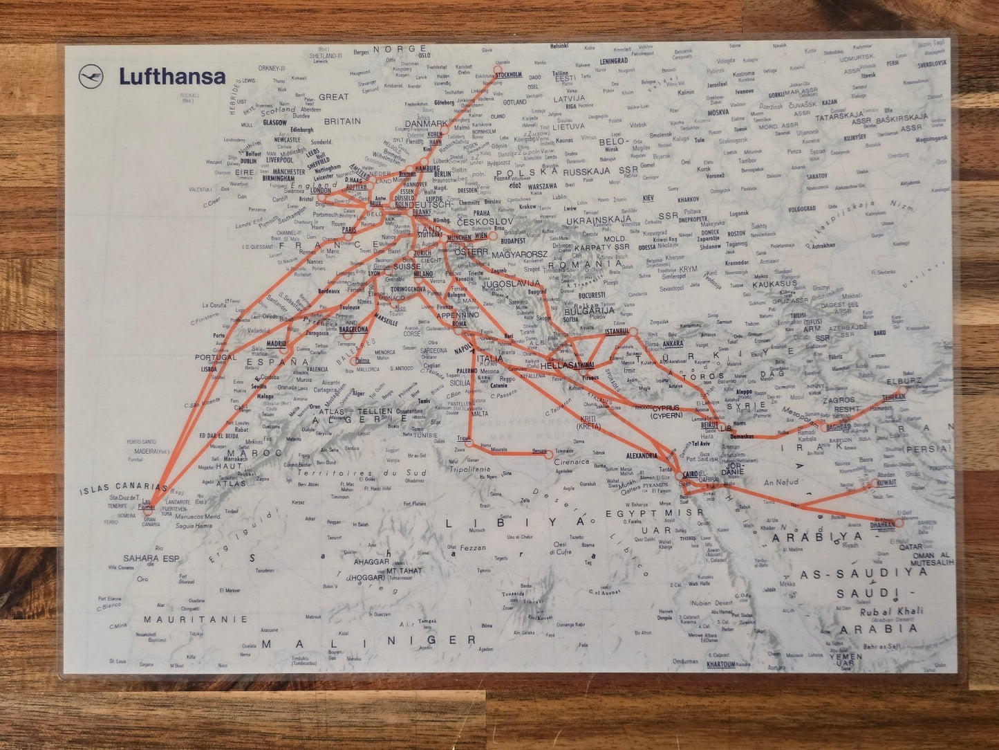 Lufthansa Route Map Laminated Staff Copy 1960s Jet Age Cold War Germany Europe