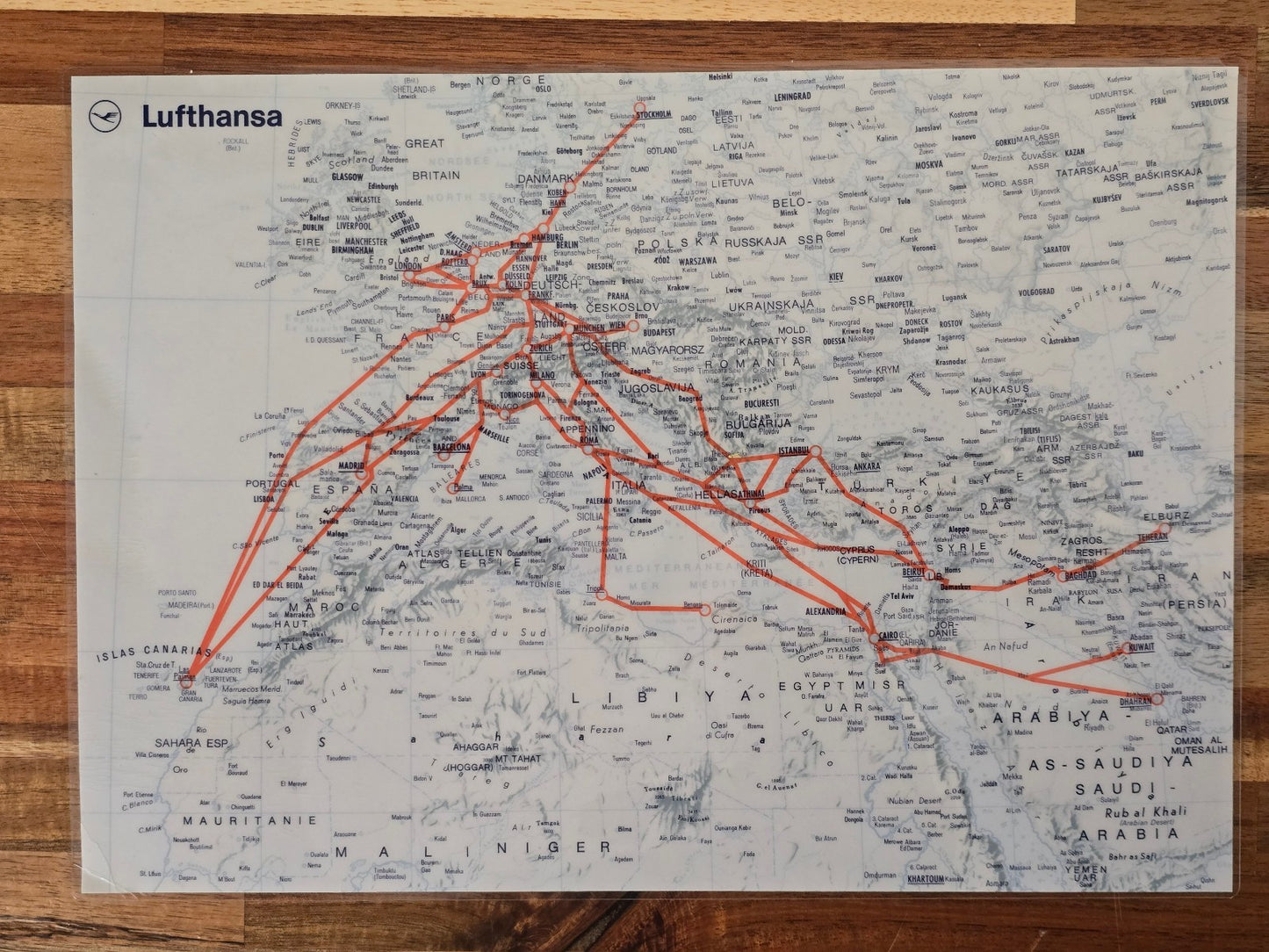 Lufthansa Route Map Laminated Staff Copy 1960s Jet Age Cold War Germany Europe