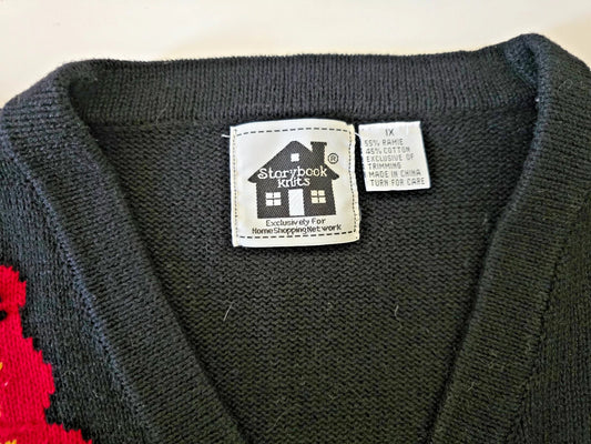 VTG STORYBOOK KNITS Cardigan Sweater 1X Black Butterflies Embroidered
