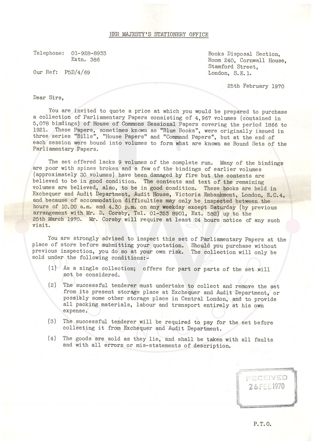 Letter from the Her Majesty's Stationery Office regarding a collection of Parliamentary Papers.