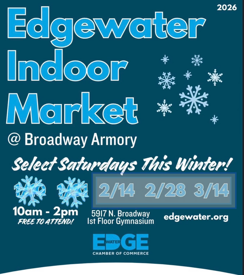 Promotional poster for Edgewater Indoor Market at Broadway Armory with event details and sponsors.