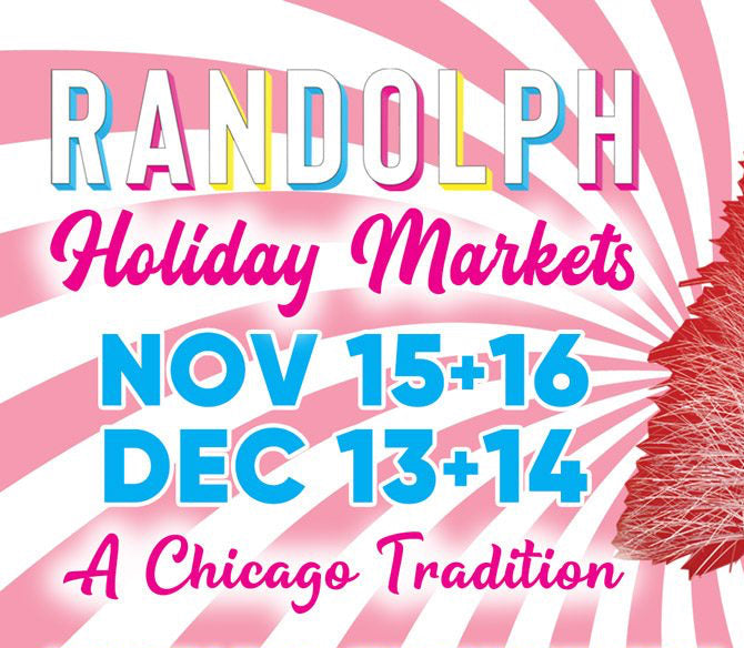 Promotional poster for Randolph Holiday Markets with a red car and Christmas tree on a pink and white striped background.