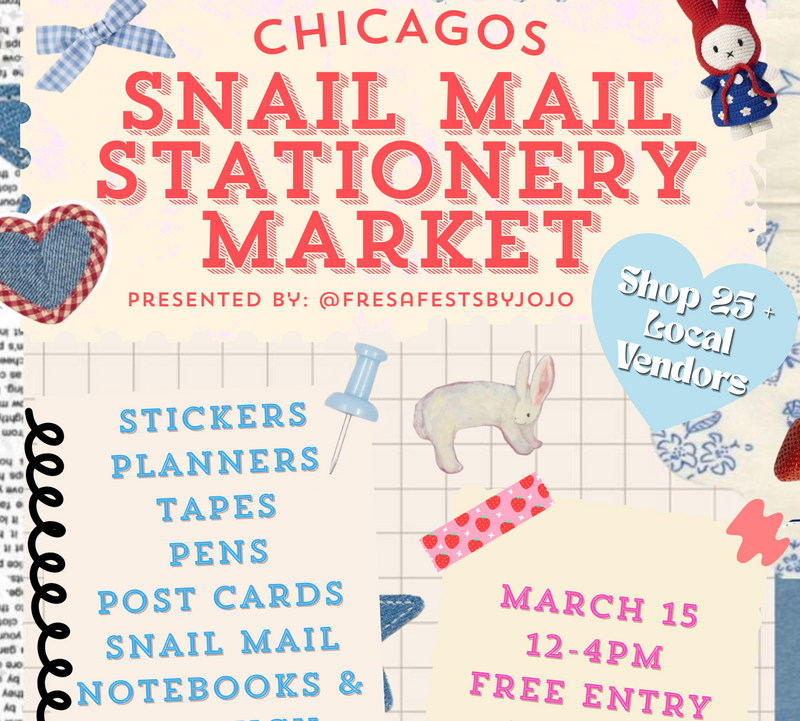 Promotional flyer for Chicagos Snail Mail Stationery Market with stationery-themed design elements.