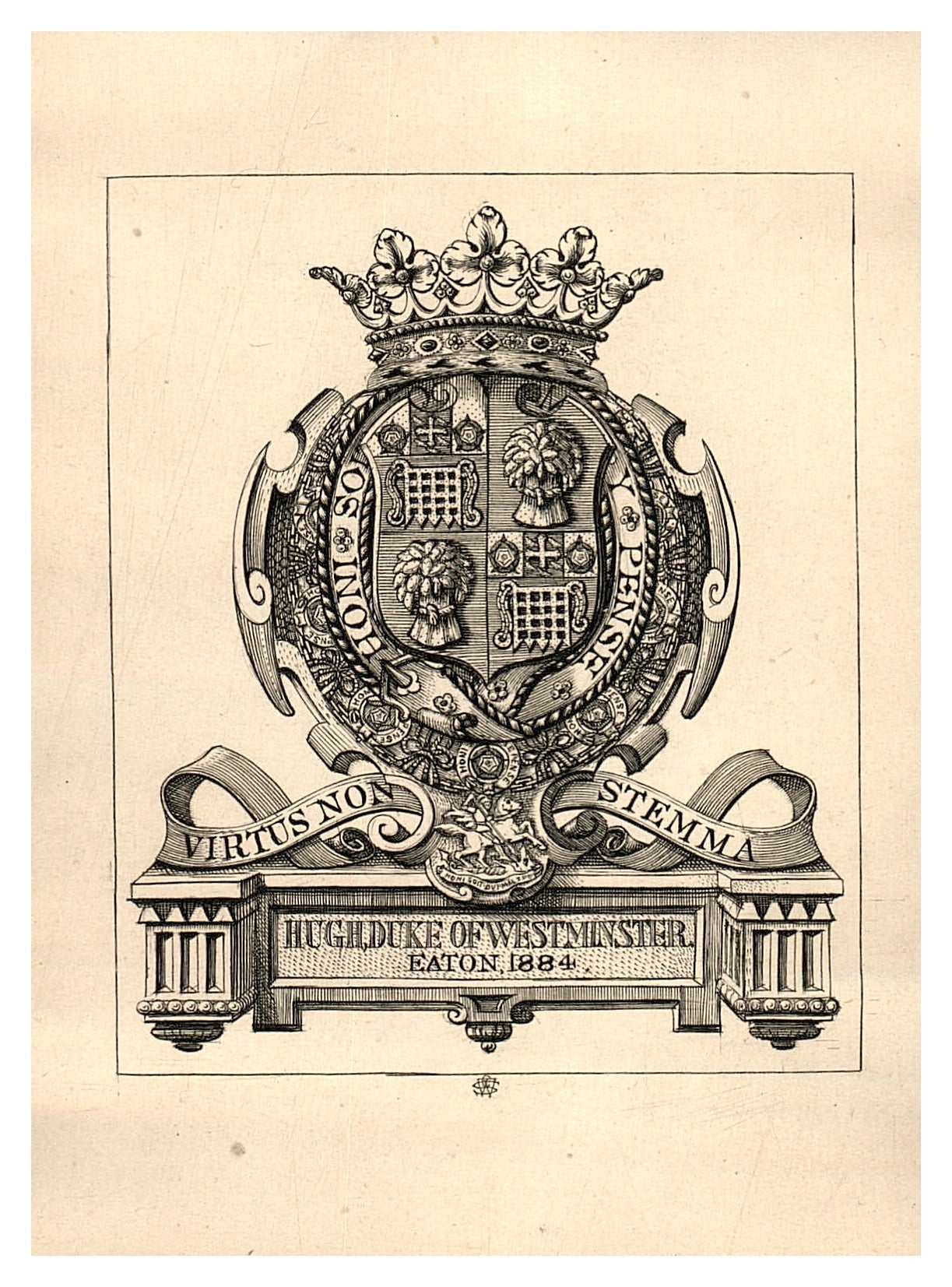 Antique Bookplate – Hugh Grosvenor, Duke of Westminster | Heraldic Arms Engraving (1884)