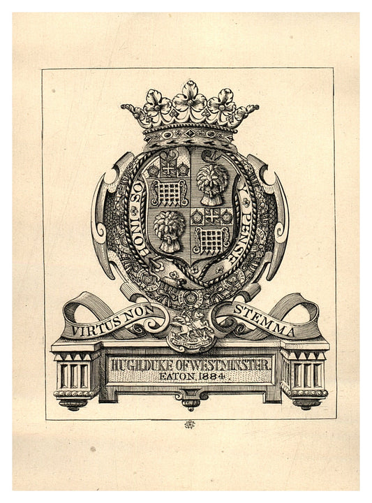 Antique Bookplate – Hugh Grosvenor, Duke of Westminster | Heraldic Arms Engraving (1884)