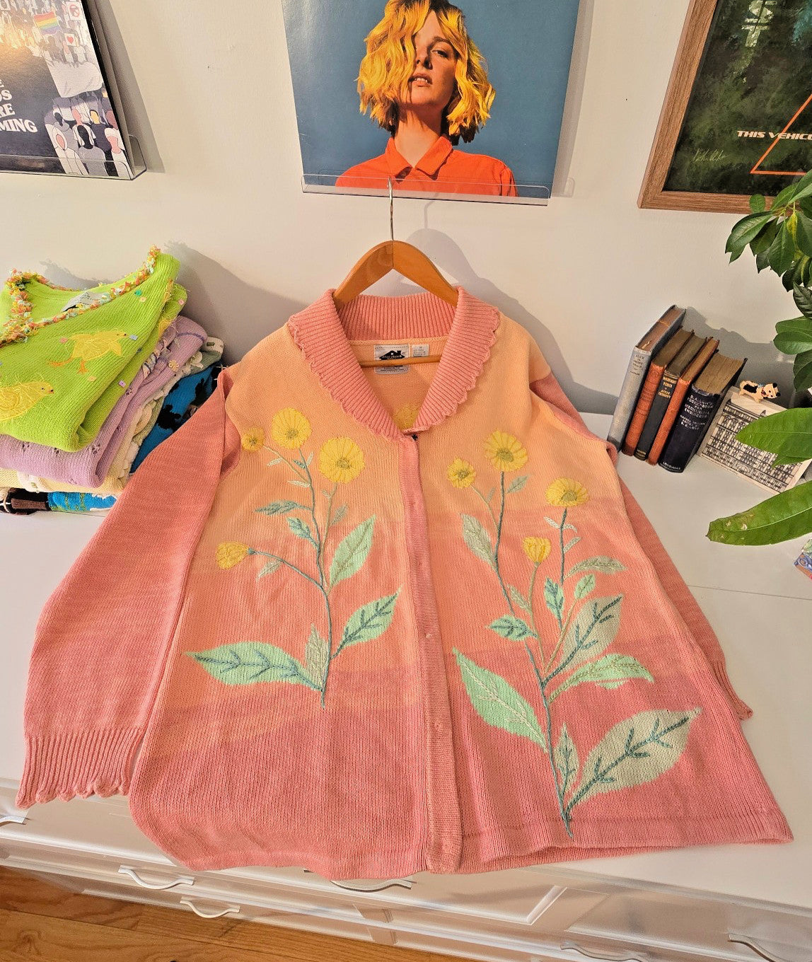 VTG Storybook Knits Cardigan Sweater 1X Spring Peachy Blush Yellow Asteraceae