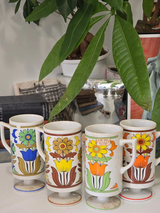 VTG Karin No 3343 Japan Floral Pedestal Mug Set 4pc David Roberts w/ box RARE