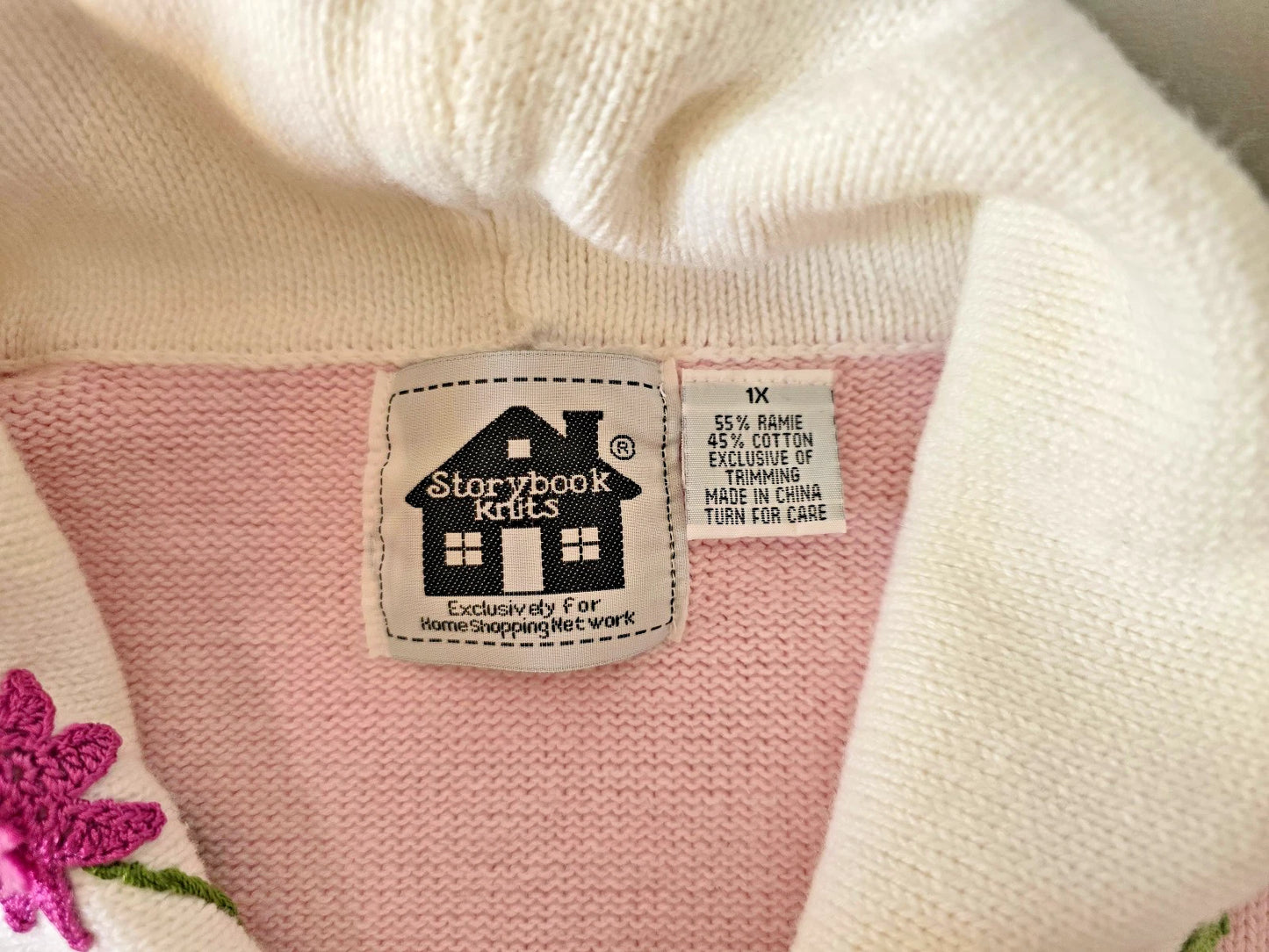 VTG Storybook Knits Cardigan Sweater 1X Pink Spring Garden Floral