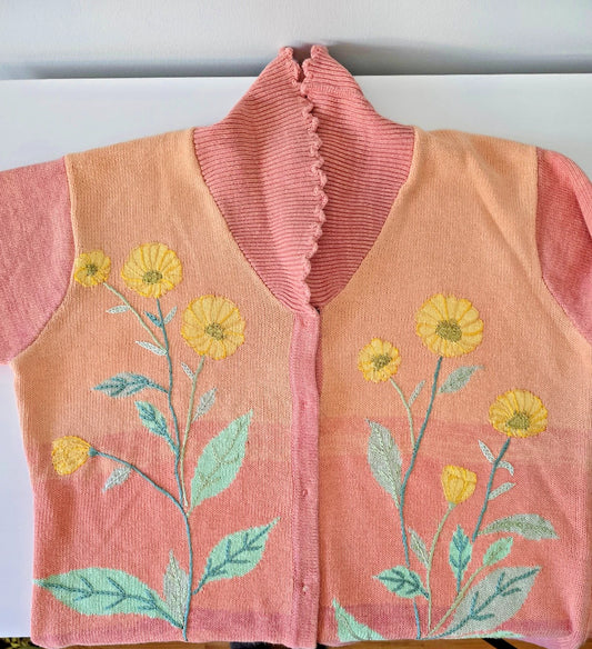 VTG Storybook Knits Cardigan Sweater 1X Spring Peachy Blush Yellow Asteraceae