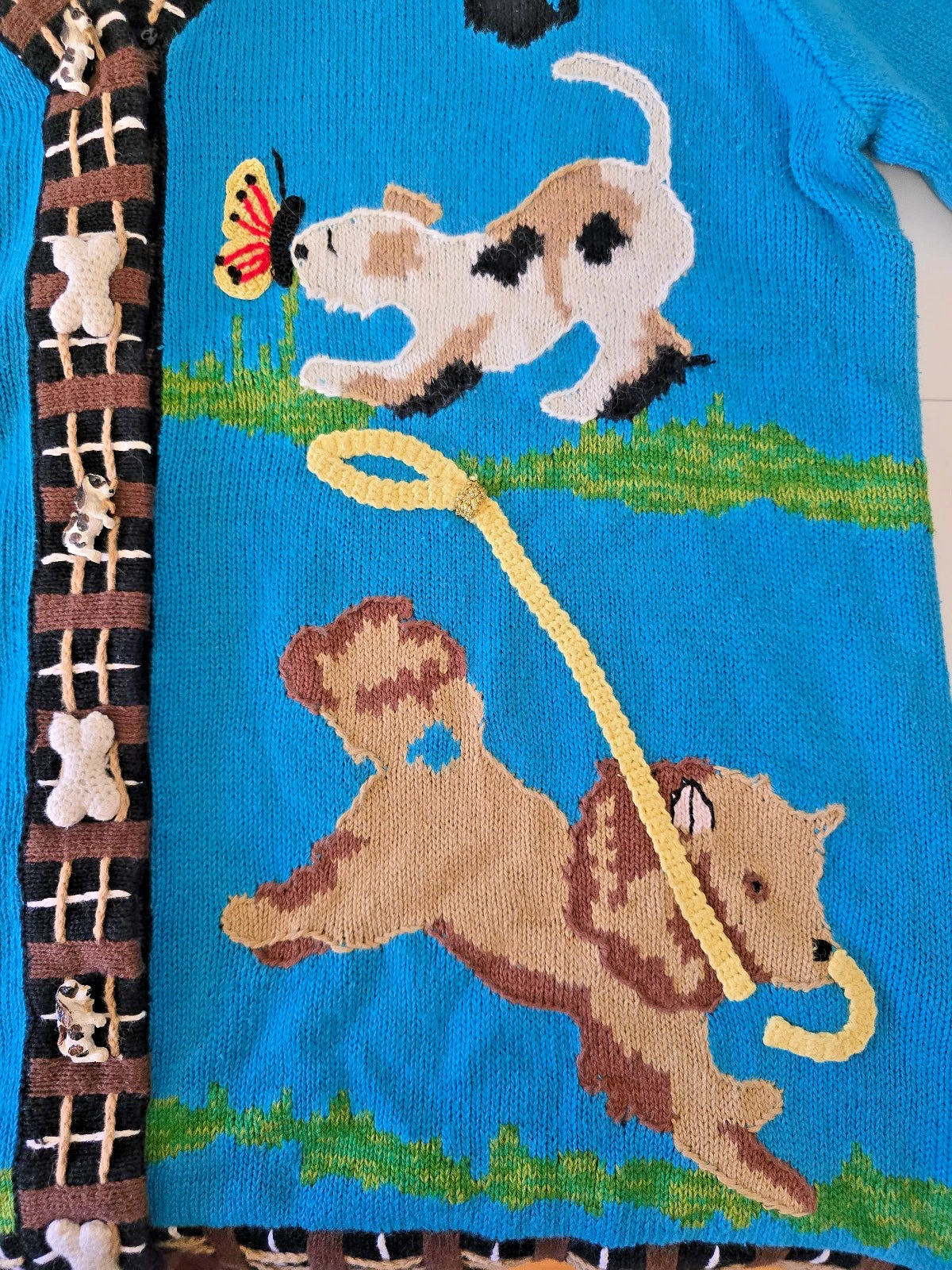 VTG Storybook Knits Cardigan Sweater 1X Blue Doggy Daycare Wonderland