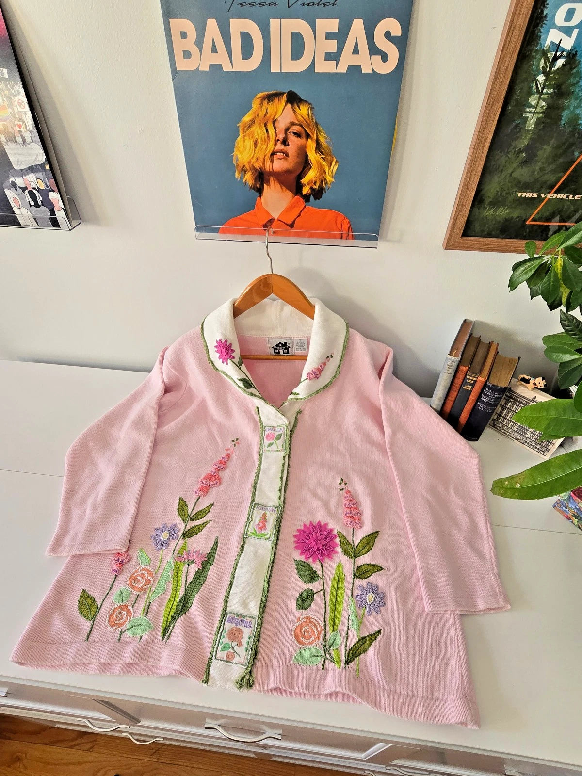 VTG Storybook Knits Cardigan Sweater 1X Pink Spring Garden Floral