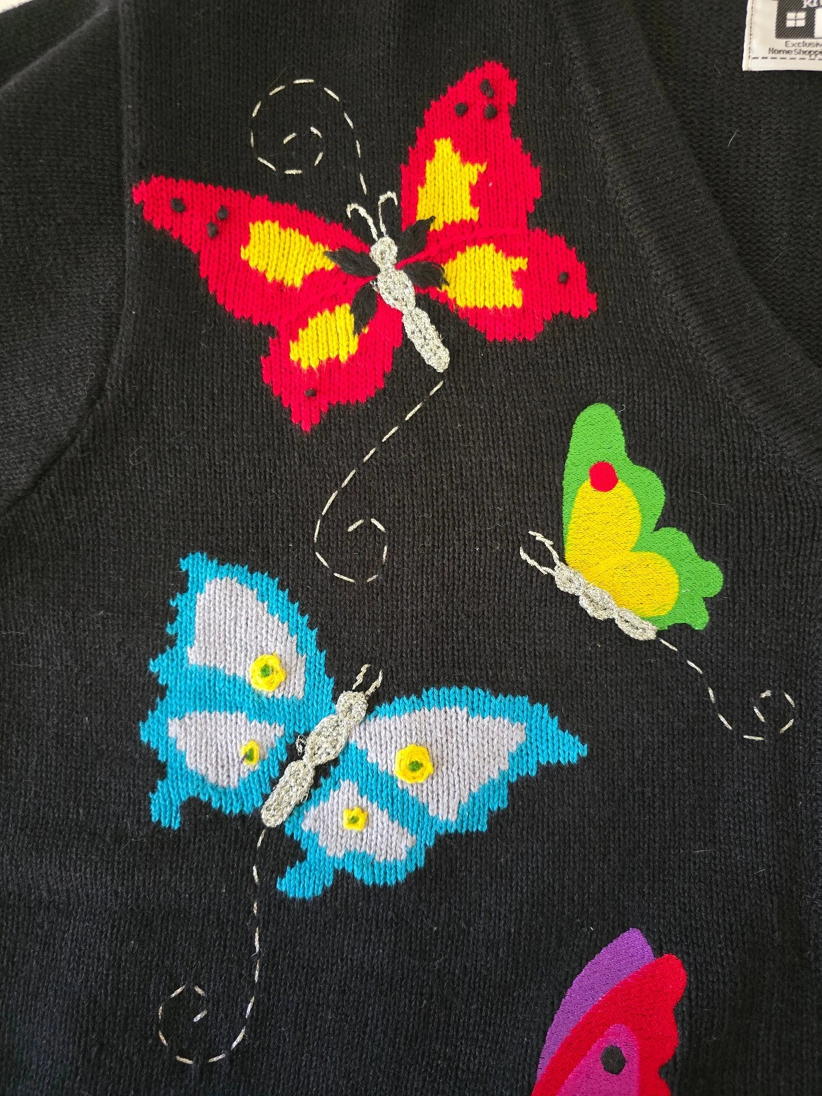 Storybook Knits Cardigan Sweater Womens XL Black Butterflies Embroidered Vintage