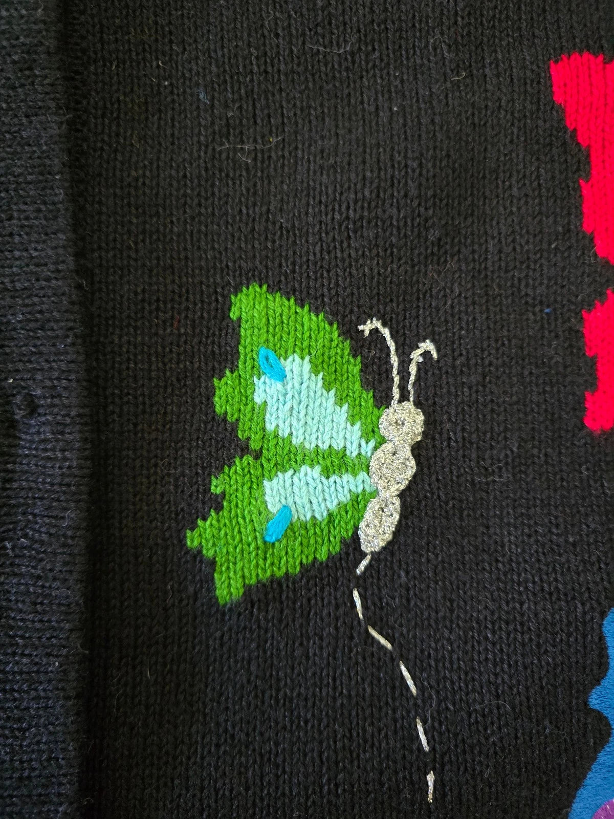 Storybook Knits Cardigan Sweater Womens XL Black Butterflies Embroidered Vintage