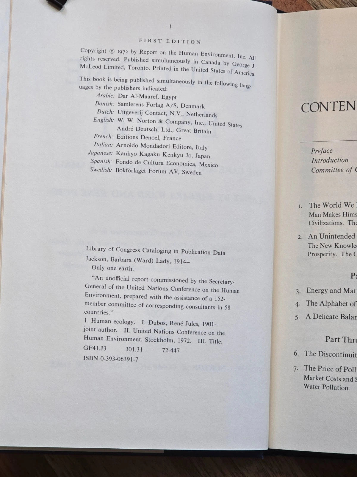 Only One Earth 1972 1st Ed. Ward & Dubos | UN Environment Report Ecology HC