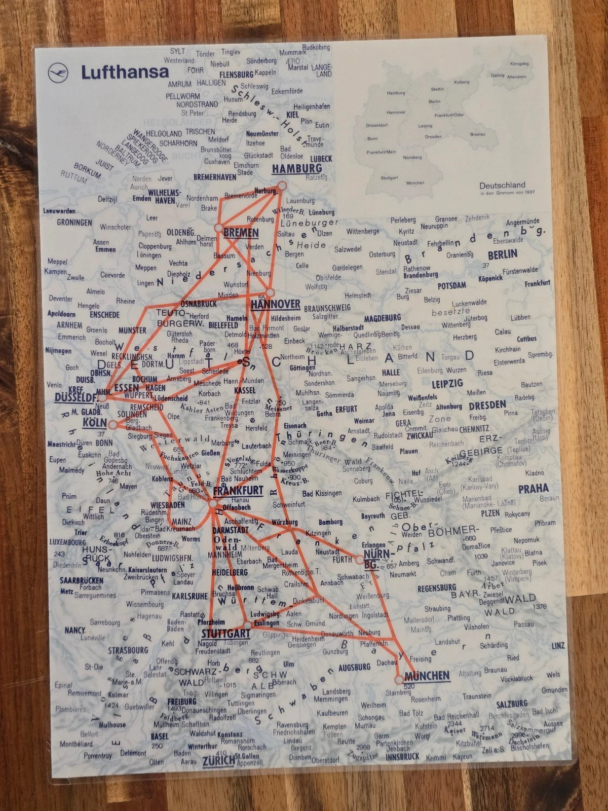 Lufthansa Route Map Laminated Staff Copy 1960s Jet Age Cold War Germany Europe