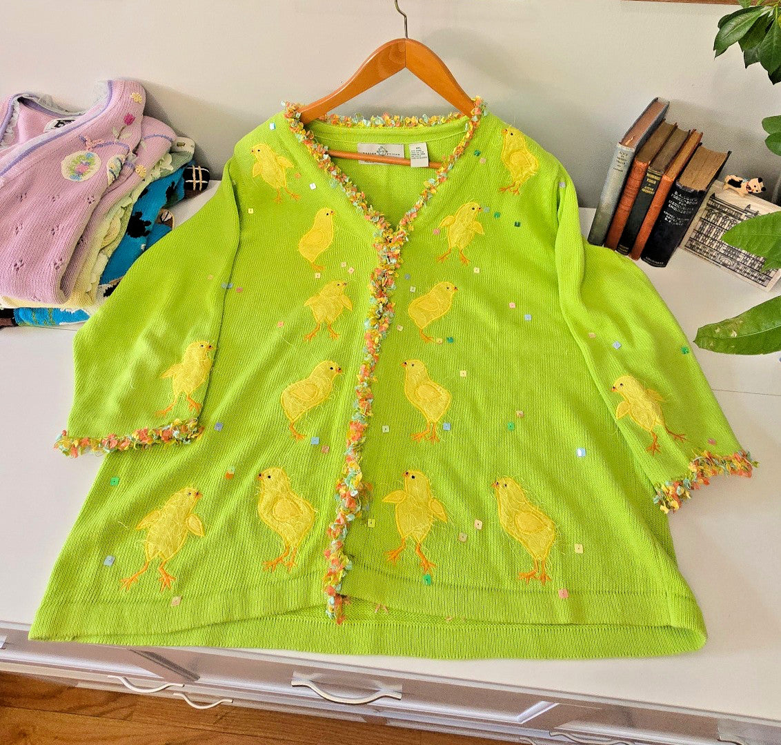VTG Design Options by Philip & Jane Gordon Green Cardigan Chicks Party XXLarge