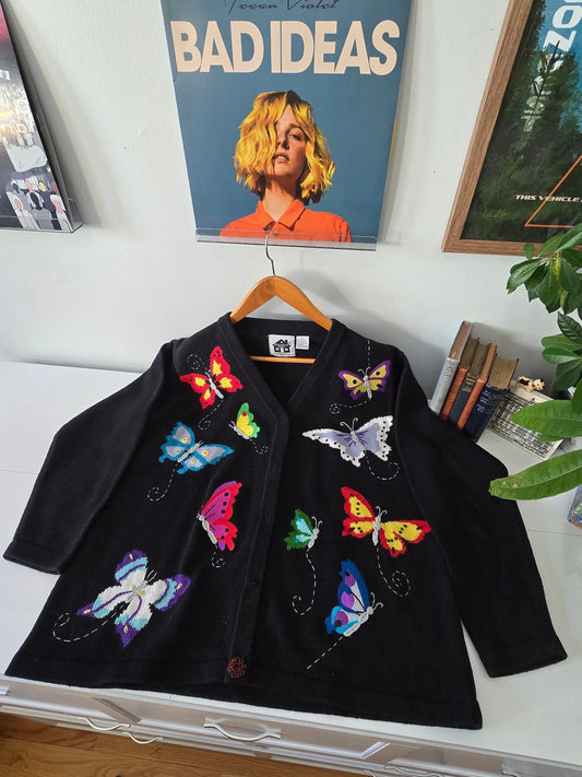 Storybook Knits Cardigan Sweater Womens XL Black Butterflies Embroidered Vintage