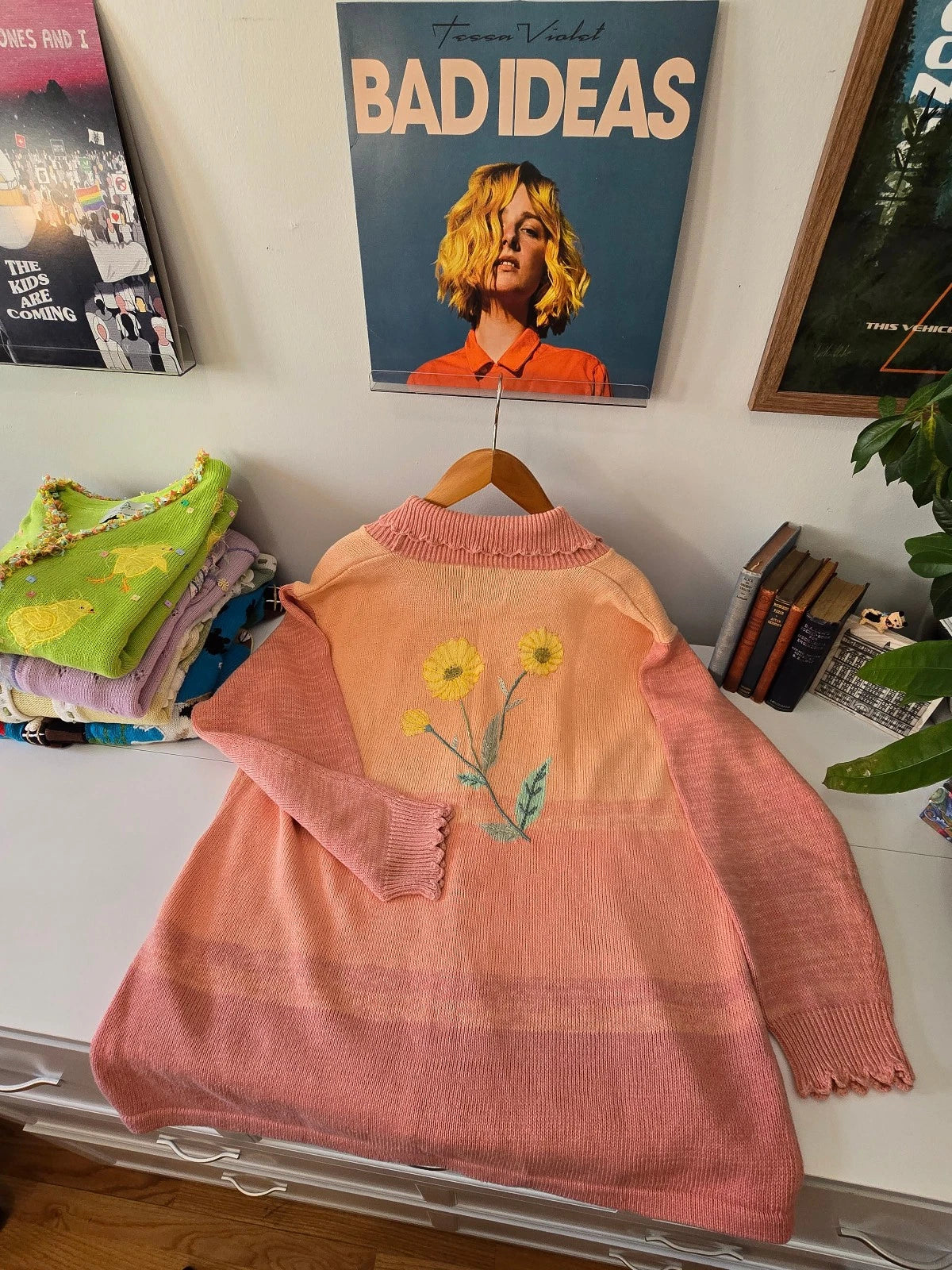 VTG Storybook Knits Cardigan Sweater 1X Spring Peachy Blush Yellow Asteraceae