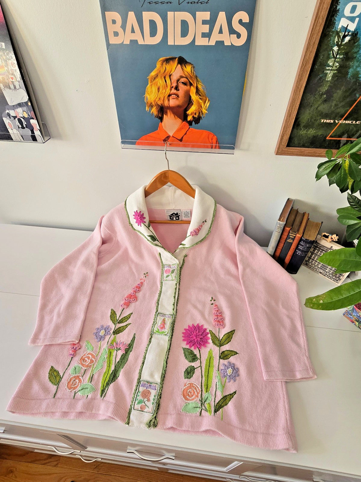 VTG Storybook Knits Cardigan Sweater 1X Pink Spring Garden Floral