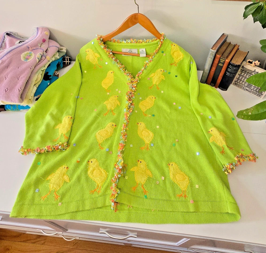 VTG Design Options by Philip & Jane Gordon Green Cardigan Chicks Party XXLarge
