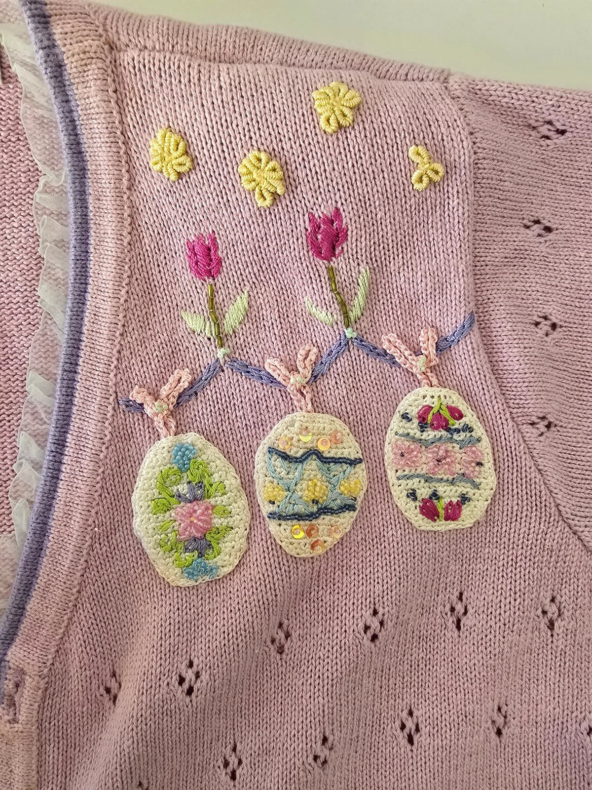 VTG Storybook Knits Cardigan Sweater 1X Lavender Bunny Leaps Floral Easter Egg