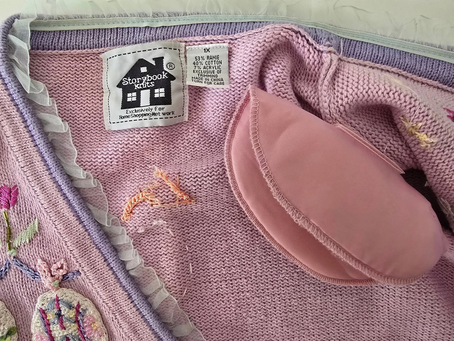 VTG Storybook Knits Cardigan Sweater 1X Lavender Bunny Leaps Floral Easter Egg