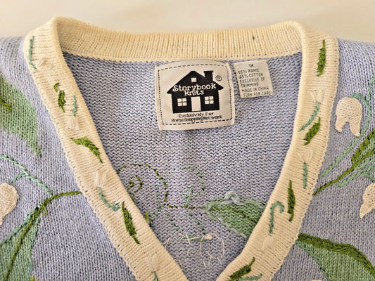 VTG Storybook Knits Cardigan Sweater 1X Periwinkle Lily of the Valley