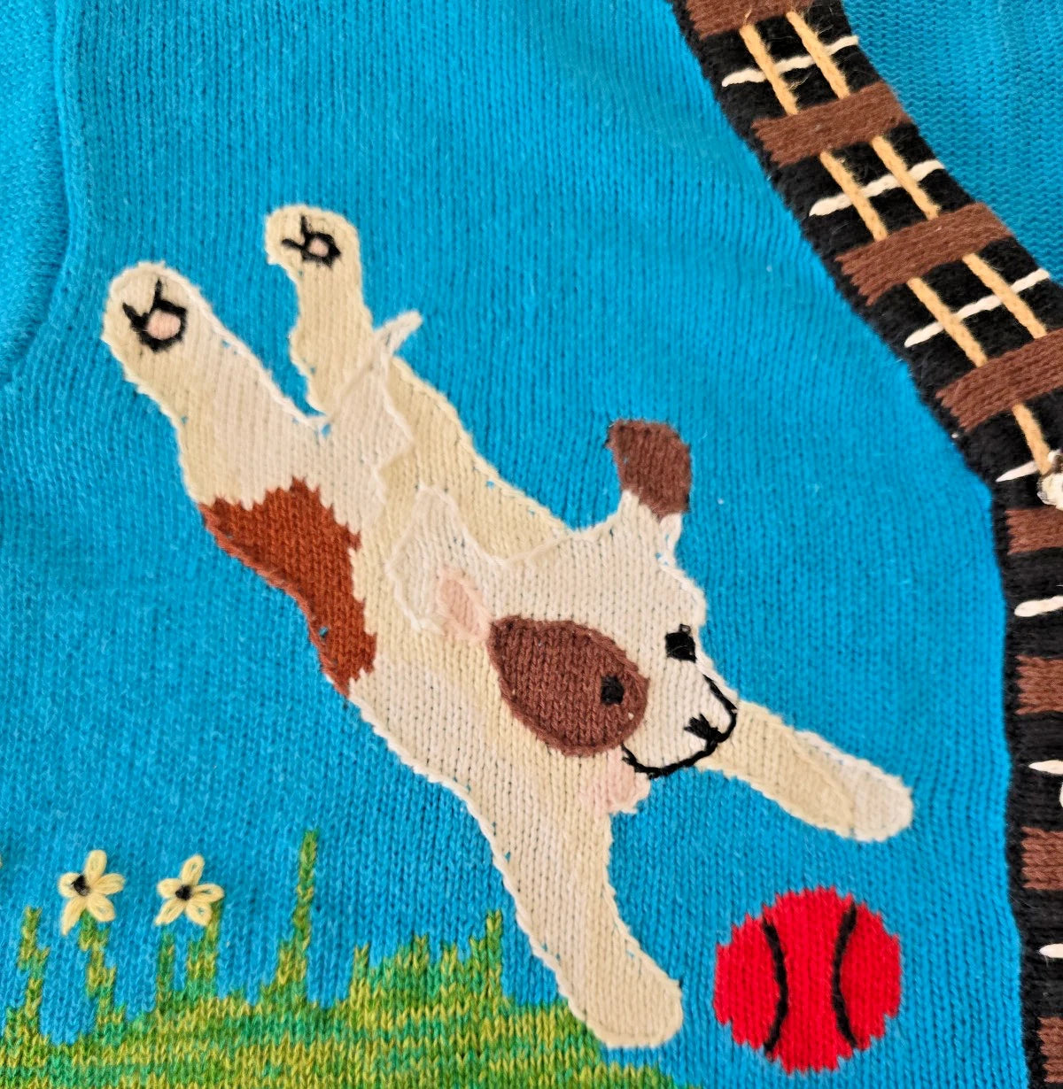 VTG Storybook Knits Cardigan Sweater 1X Blue Doggy Daycare Wonderland
