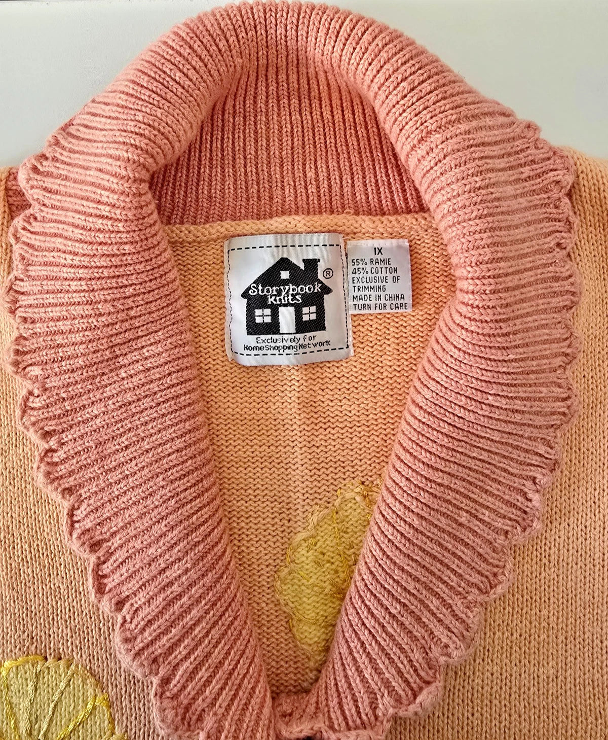 VTG Storybook Knits Cardigan Sweater 1X Spring Peachy Blush Yellow Asteraceae