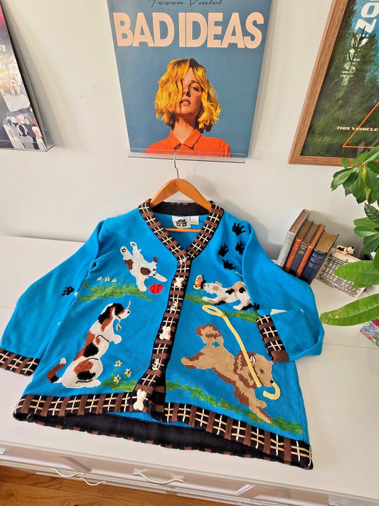 VTG Storybook Knits Cardigan Sweater 1X Blue Doggy Daycare Wonderland