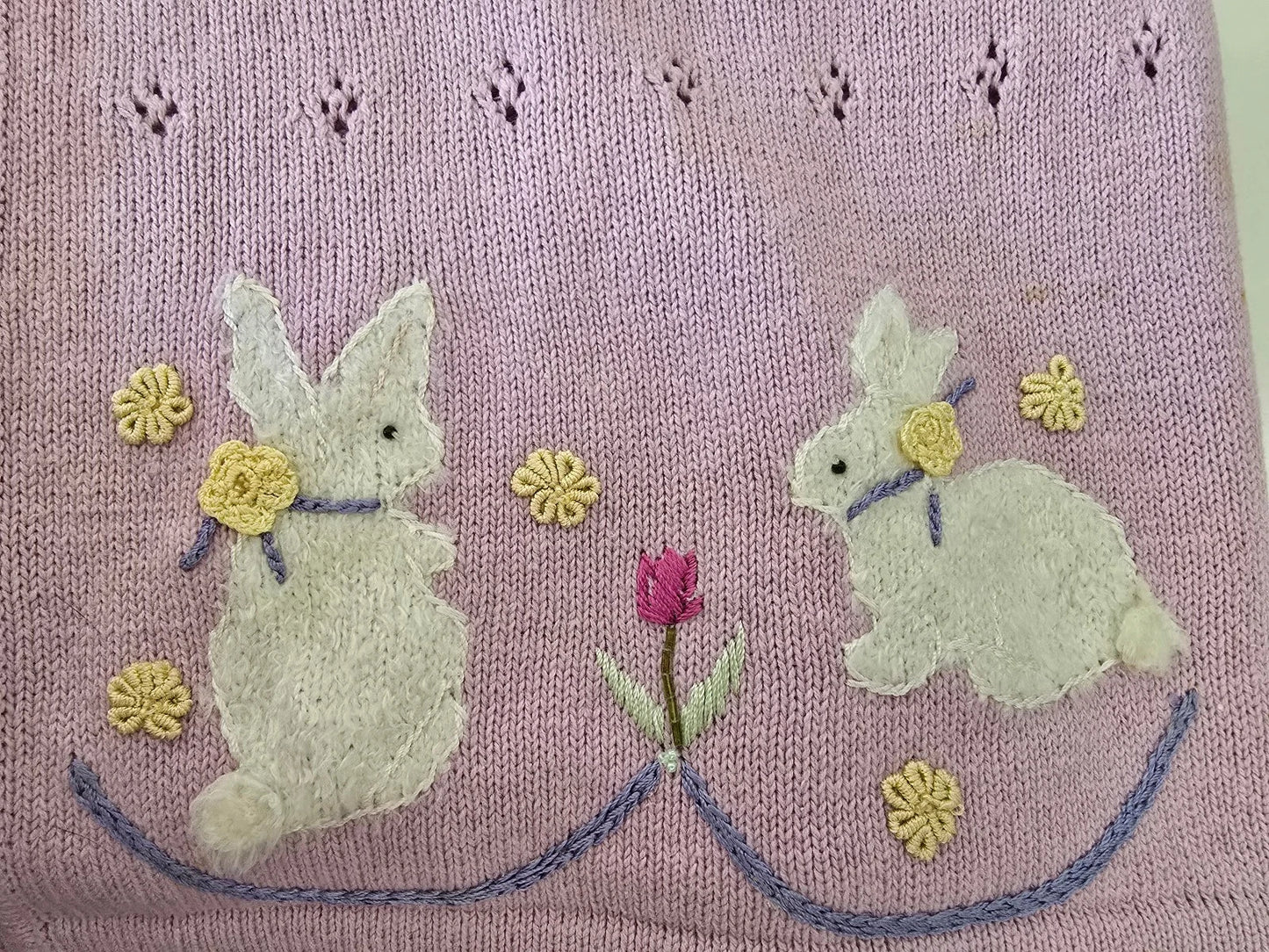 VTG Storybook Knits Cardigan Sweater 1X Lavender Bunny Leaps Floral Easter Egg