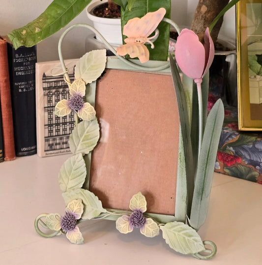VTG 3D Metal Floral Picture Frame Tulip Butterfly Green Hand Painted 4x6