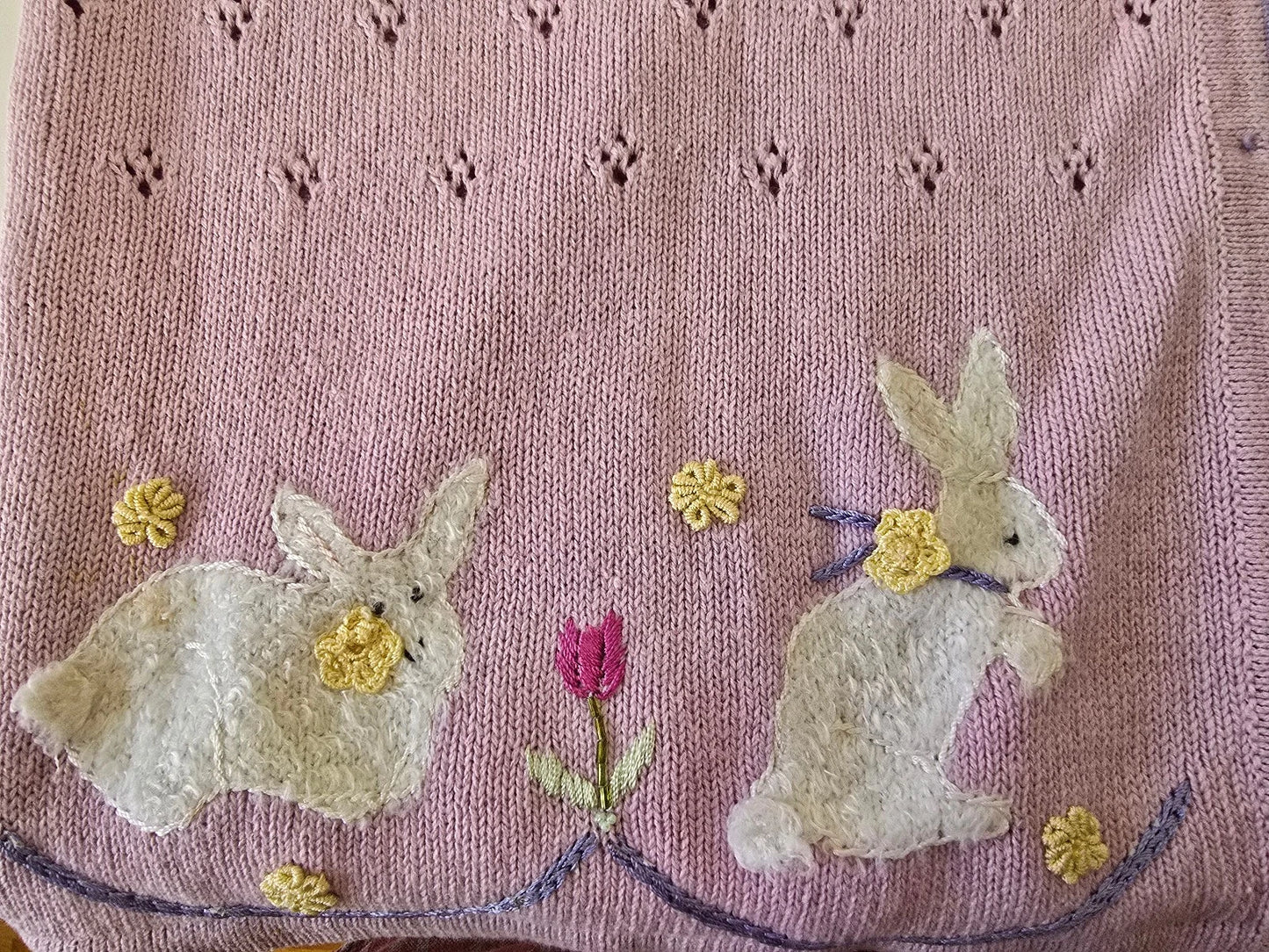 VTG Storybook Knits Cardigan Sweater 1X Lavender Bunny Leaps Floral Easter Egg