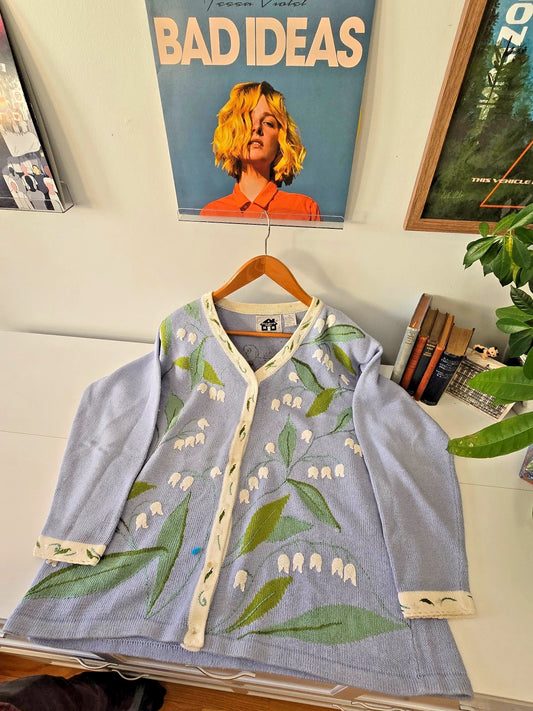 VTG STORYBOOK KNITS Cardigan Sweater 1X Periwinkle Lily of the Valley