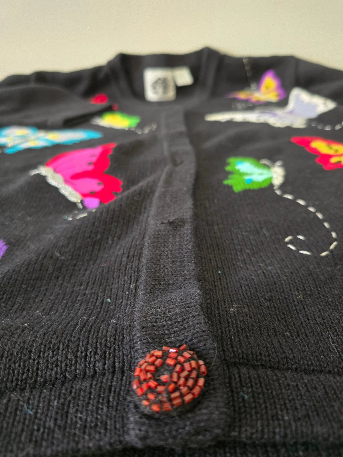 Storybook Knits Cardigan Sweater Womens XL Black Butterflies Embroidered Vintage