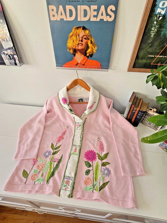 VTG STORYBOOK KNITS Cardigan Sweater 1X Pink Spring Garden Floral