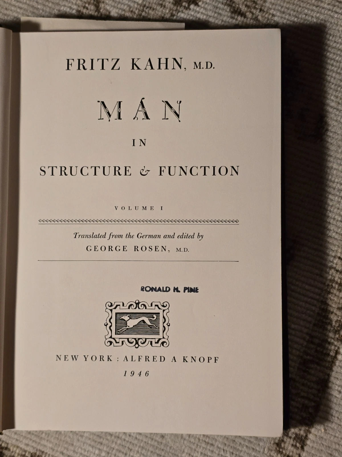 Man in Structure & Function Vol I by Fritz Kahn (1946, 1st US)