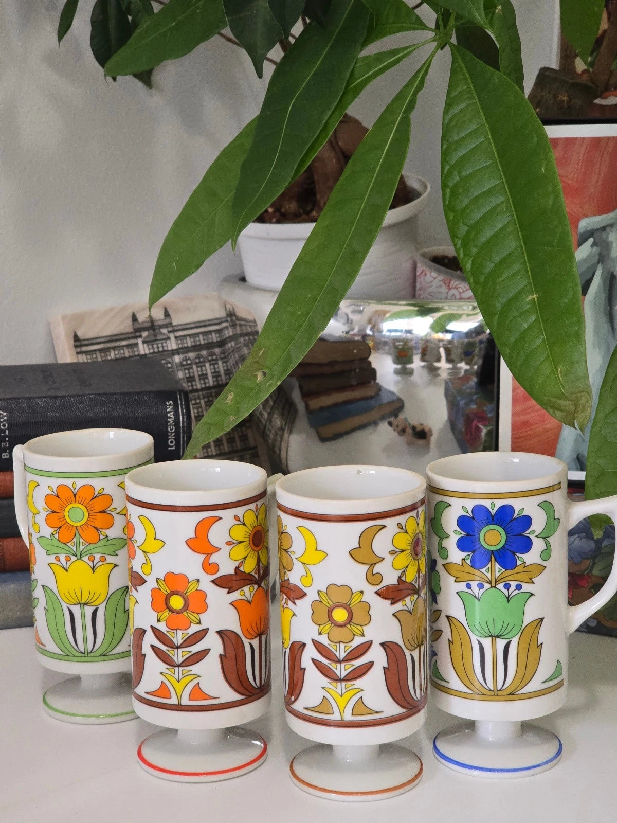 VTG Karin No 3343 Japan Floral Pedestal Mug Set 4pc David Roberts w/ box RARE