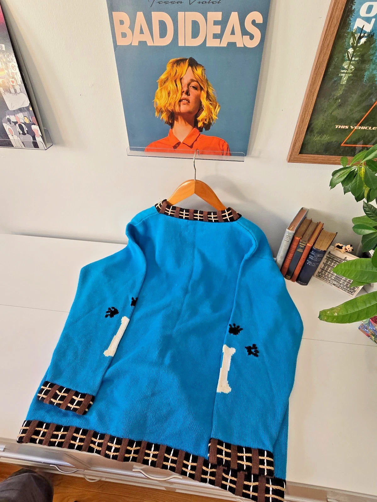 VTG Storybook Knits Cardigan Sweater 1X Blue Doggy Daycare Wonderland