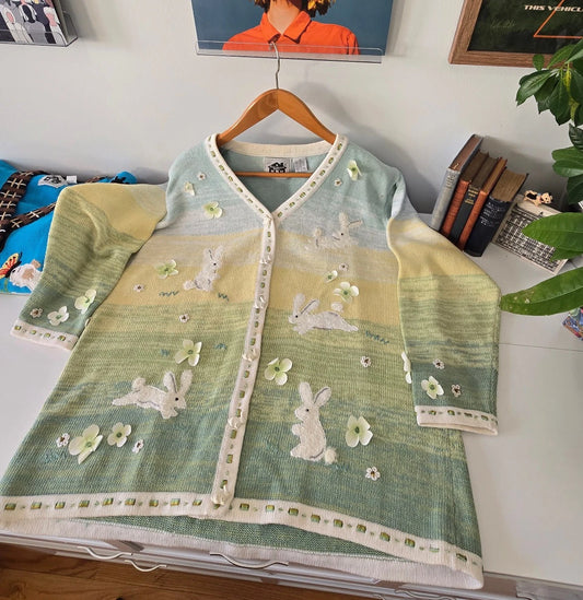 VTG STORYBOOK KNITS Cardigan 1X Bunnies Paradise Spring Floral Sweater
